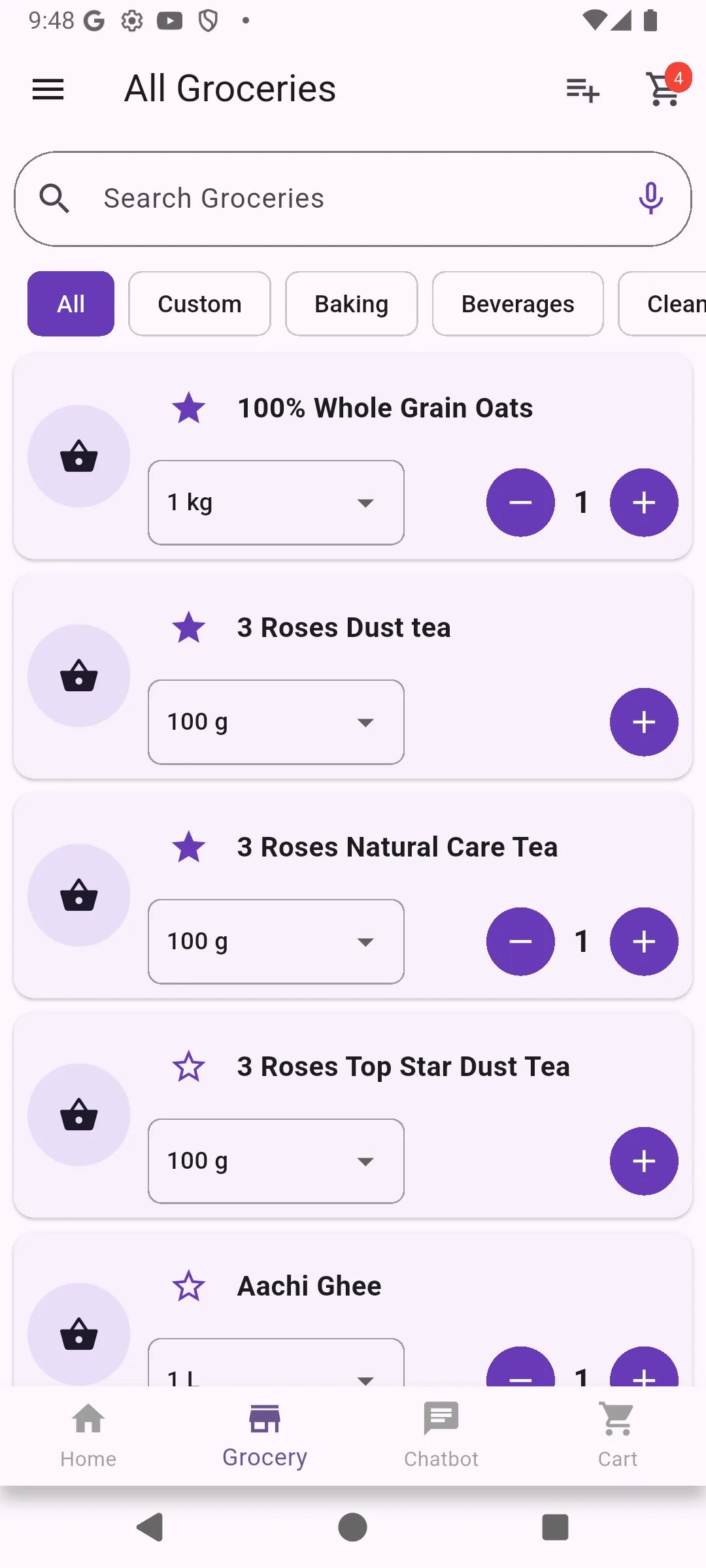 All Groceries screen with search, voice input, category chips and items with pack sizes