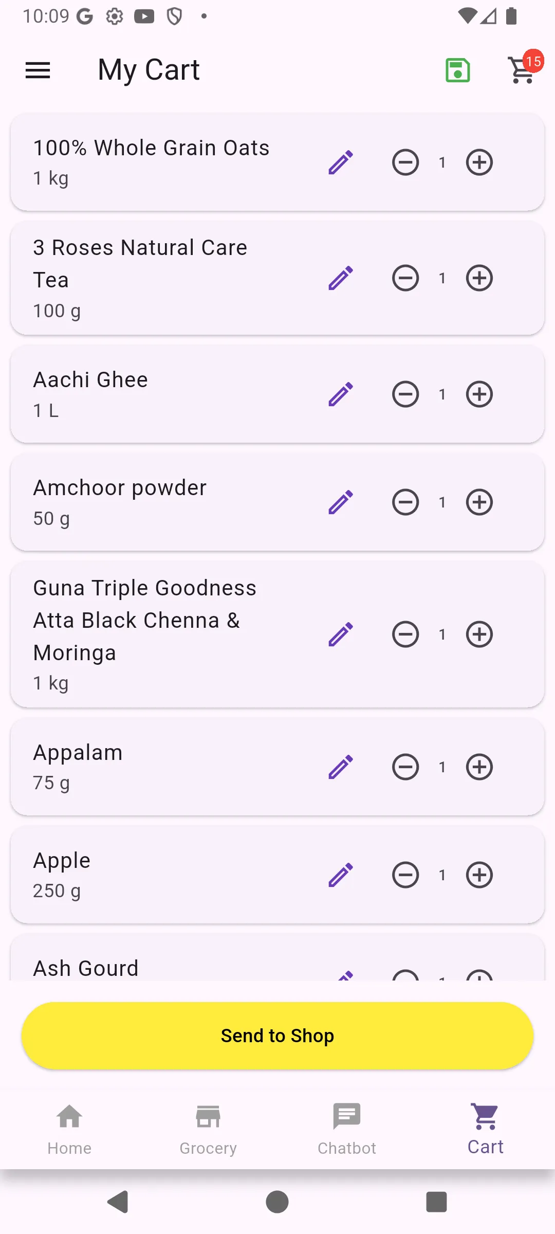 Cart screen with the grocery list ready to share
