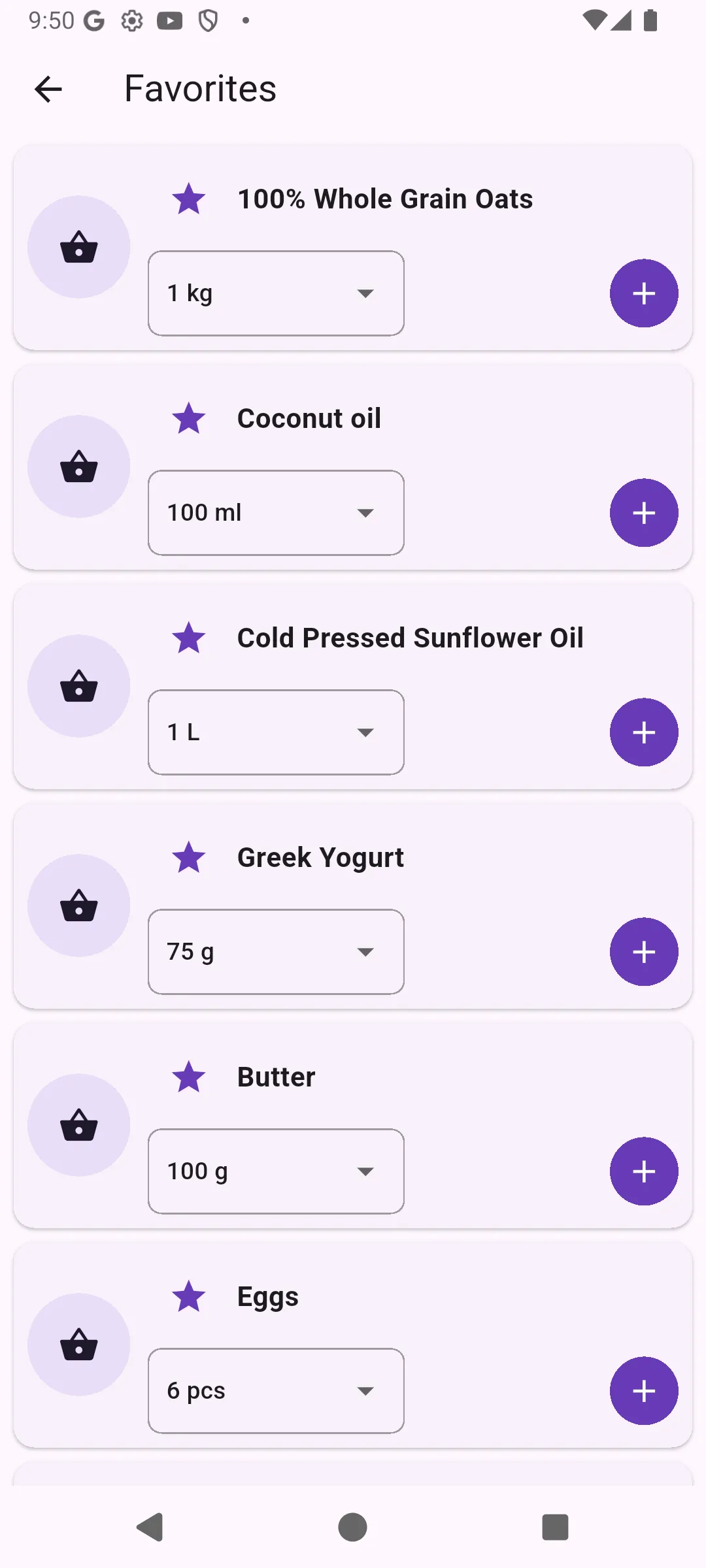 Favorites screen with regular monthly grocery items