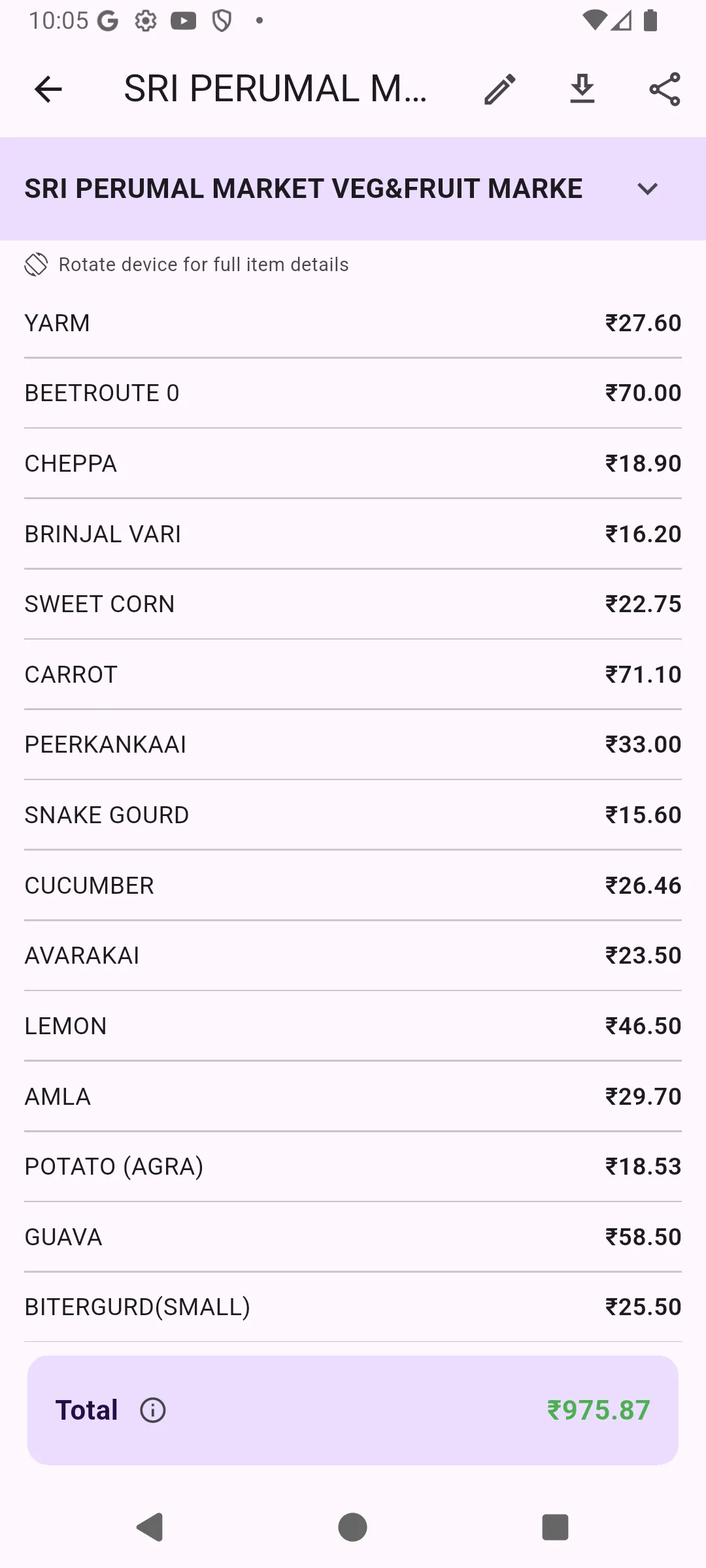 A scanned vegetable shop bill with every item and price read automatically